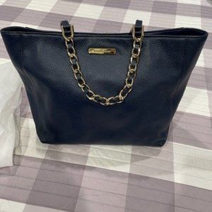 Michael Kors Harper East West Tote Navy Blue Pebbled Leather Chain Woven Strap